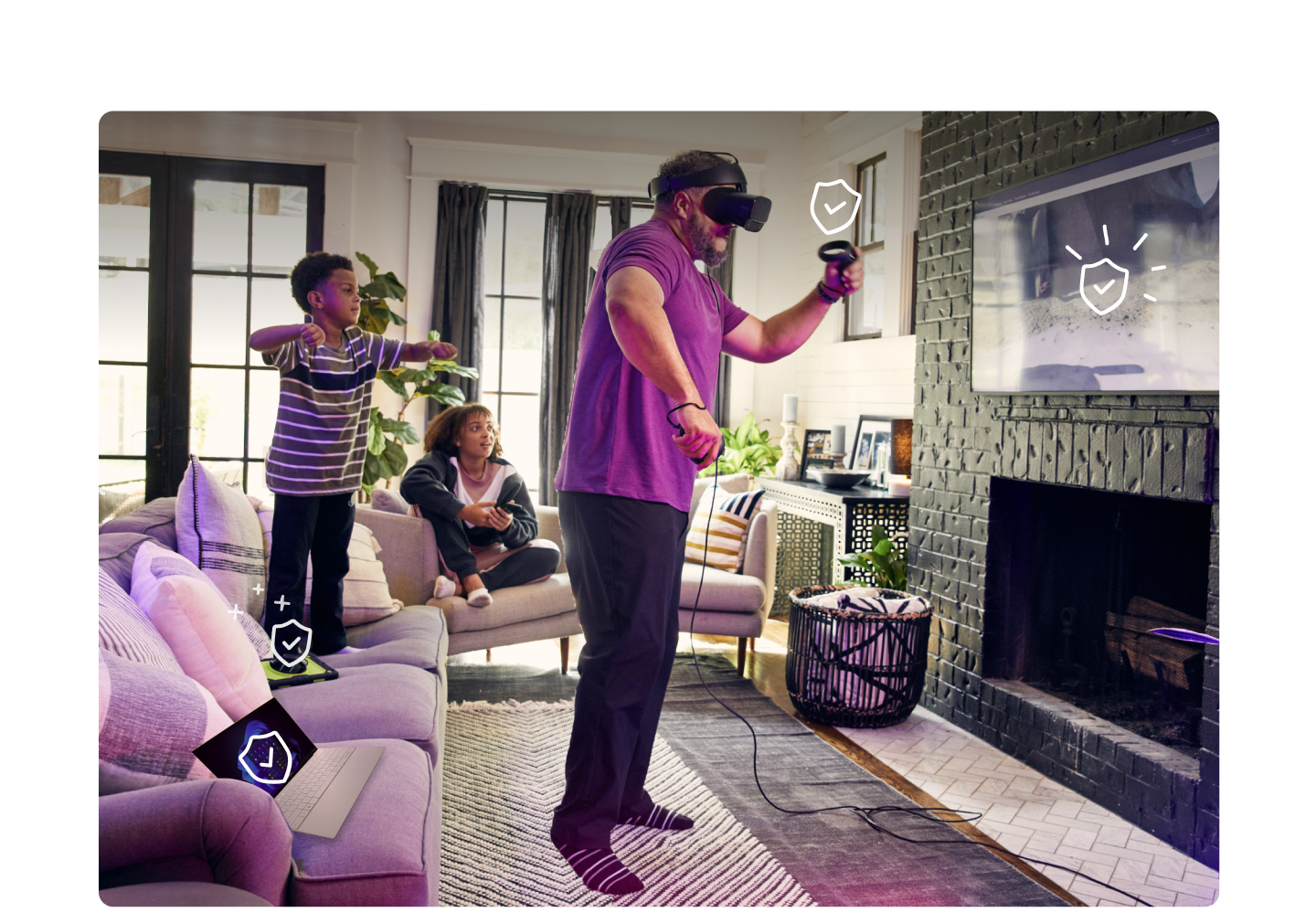 Family playing video games with a VR headset